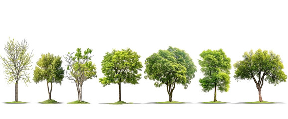 Set of different green trees isolated on white background