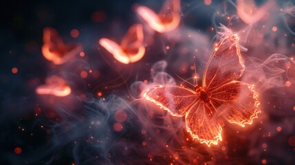 A glowing butterfly flies through a haze of smoke and light