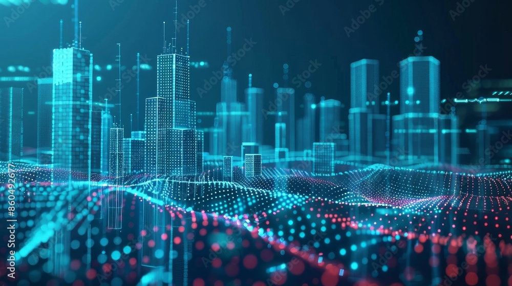 Poster smart city concept with abstract dot points connected by gradient lines and intricate wave designs i
