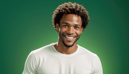 Fototapeta premium Full Body Shot of Stylish African American Man in White T-Shirt Sitting on Stool, Smiling Confidently Against Lush Green Background with Sophisticated Muted-Green Color Scheme and Volumetric Lighting
