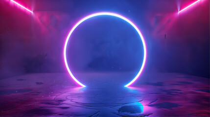 Round Glowing Neon Light Sign, Cyberpunk Studio Stage Backdrop Blue Purple Abstract Background