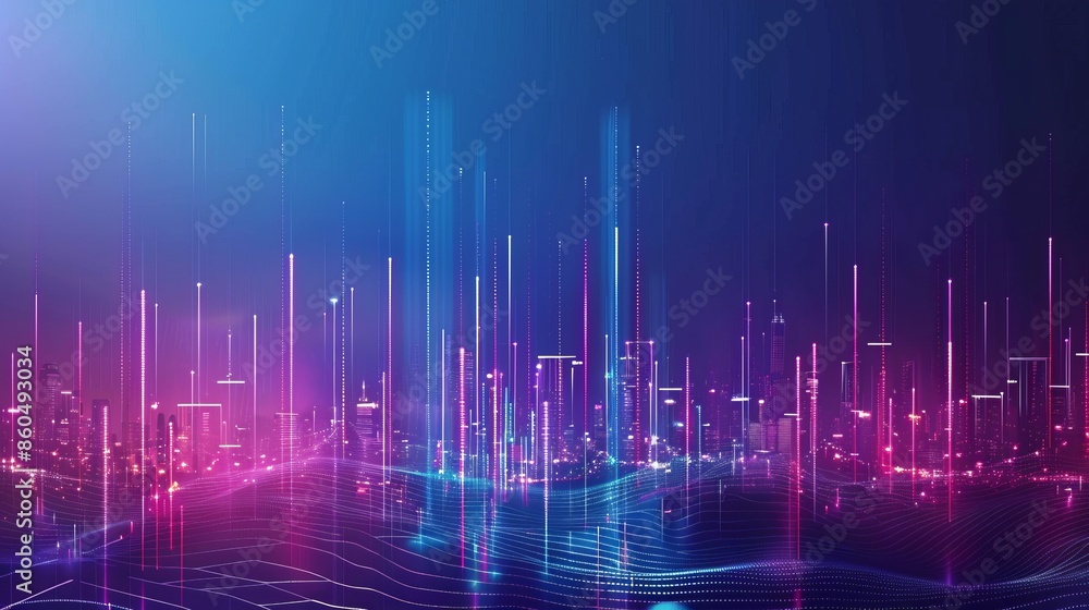 Poster smart city concept with abstract dot points connected by gradient lines and intricate wave designs i