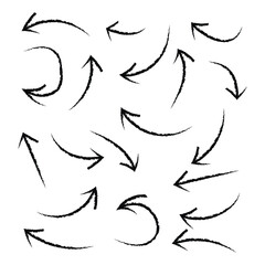 Charcoal hand-drawn pencil arrows. Doodle curved chalk darts. Texture design elements of scribble lines. Vector illustration on white background in eps 10.