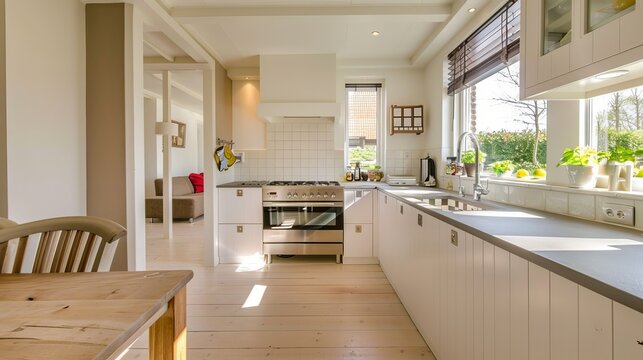 Bright kitchen with white cabinets and tiled backsplash, natural light from windows. It has a built-in oven, a double sink, and a simple design.