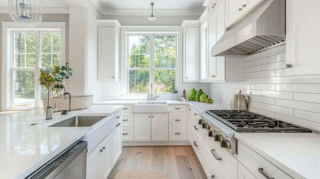 Bright kitchen with white cabinets and tiled backsplash, natural light from windows. It has a built-in oven, a double sink, and a simple design.