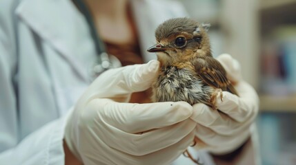 Close up, veterinarian wearing gloves carefully holds an injured baby bird, highlighting animal care and wildlife rehabilitation.