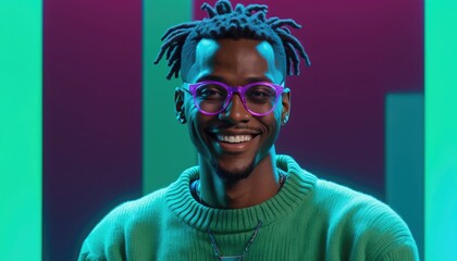 Full Body Shot of Stylish African American Man in White T-Shirt Sitting on Stool, Smiling Confidently Against Lush Green Background with Sophisticated Muted-Green Color Scheme and Volumetric Lighting