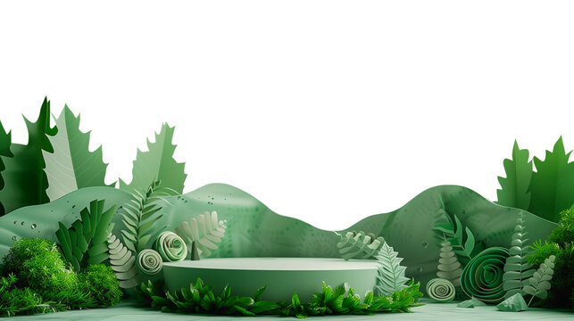 The product display stand has a lush green forest with transparent background