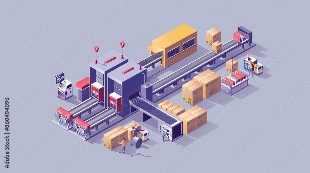 Poster vector illustration of an isometric factory with an automated mechanized conveyor line shows industr