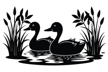Cute duck family swimming in the lake, a vector nature illustration