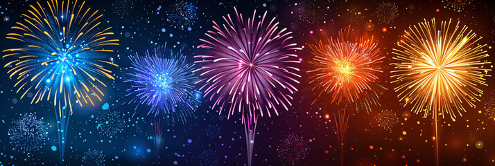 Fototapeta premium Colorful fireworks explode in the night sky, creating a spectacular display for a 4th of July festival celebration