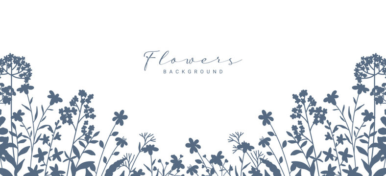 Floral frame with silhouettes meadow greenery and flowers. Botanical border with a pattern of wildflowers and herbs. Vector illustration for card, banner, invitation, social media post, poster