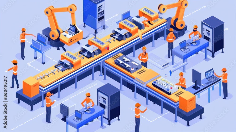 Aufkleber vector illustration of an isometric factory with an automated mechanized conveyor line shows industr