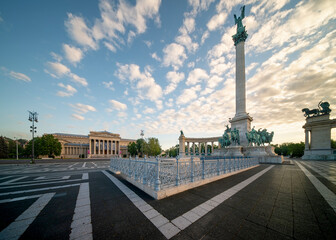 Scenic view of Heroes' Square (Hosok Tere) in Budapest, Hungary with Millennium Monument, major...