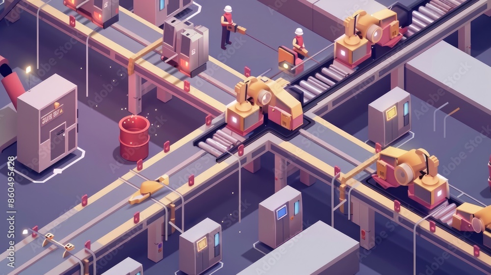 Aufkleber vector illustration of an isometric factory with an automated mechanized conveyor line shows industr