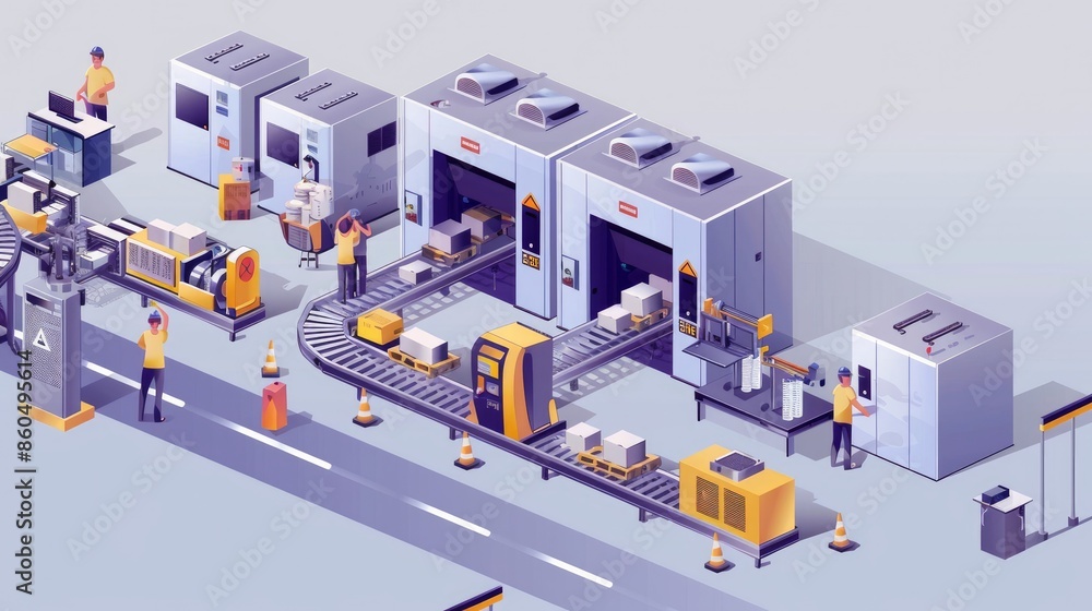 Poster vector illustration of an isometric factory with an automated mechanized conveyor line shows industr