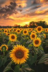 Fototapeta premium Field of sunflowers under the sunset sky