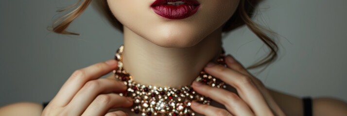 A closeup of a models hands adjusting a sparkling statement necklace in a studio setting