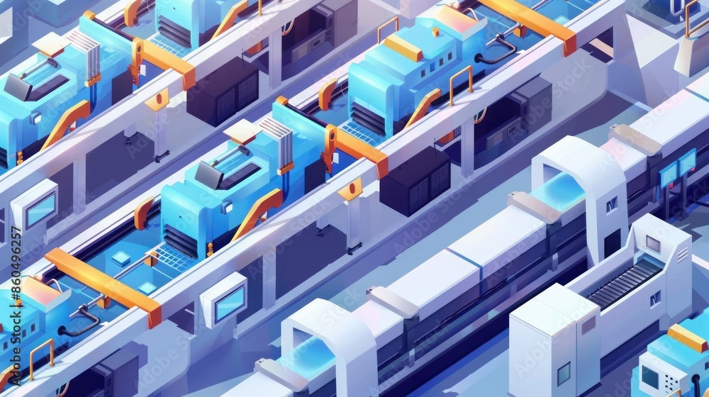 Poster vector illustration of an isometric factory with an automated mechanized conveyor line shows industr