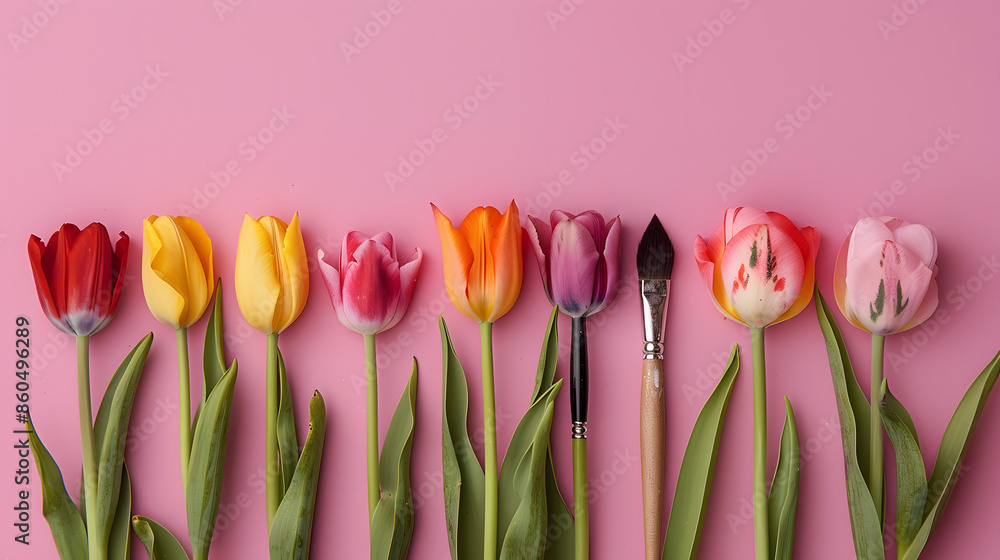 Poster creative spring concept made with paint brush and colorful tulip flowers on pastel pink background m