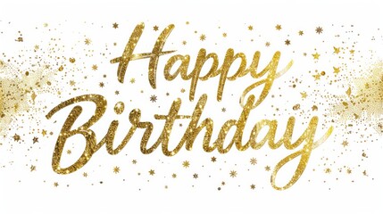 Vector illustration of Happy Birthday in gold glitter handwritten text isolated on a white background Elegant script for greeting cards web banners and birthday party flyers