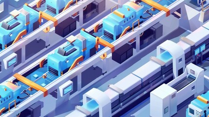 Vector illustration of an isometric factory with an automated mechanized conveyor line Shows industrial robotic conveyor production line with plant workers in an electronic factory