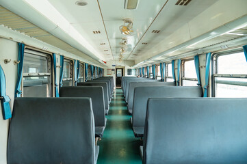 Naklejka premium China Railway, inside a hard seat compartment of an old green train.