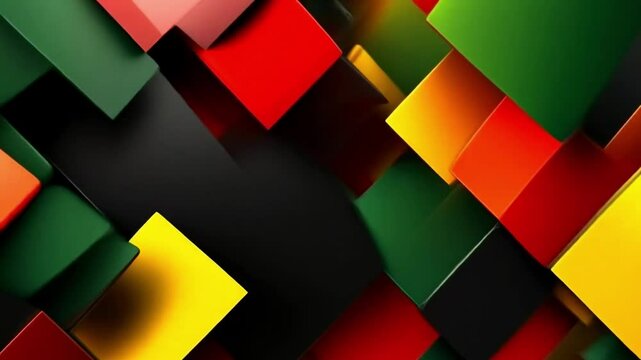 Abstract Squares In Red, Black, Yellow, Green move chaotically. Black History Month, Juneteenth, MLK, Kwanzaa