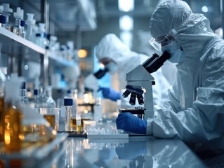 Scientists in full protective gear working in a high-tech lab