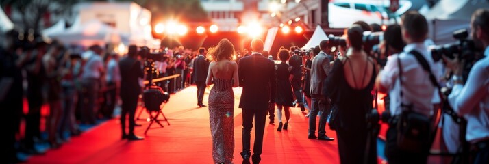 A wide shot of a movie premiere red carpet event, capturing the arrival of celebrities in elegant attire, surrounded by photographers
