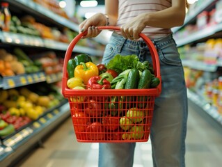 Close-up of hands carrying a basket filled with colorful produce