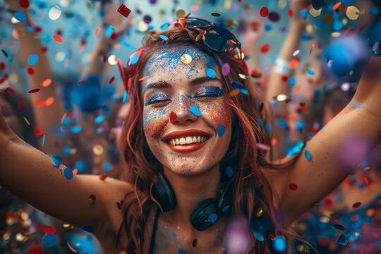Smiling woman with glitter face paint enjoying psytrance festival with confetti