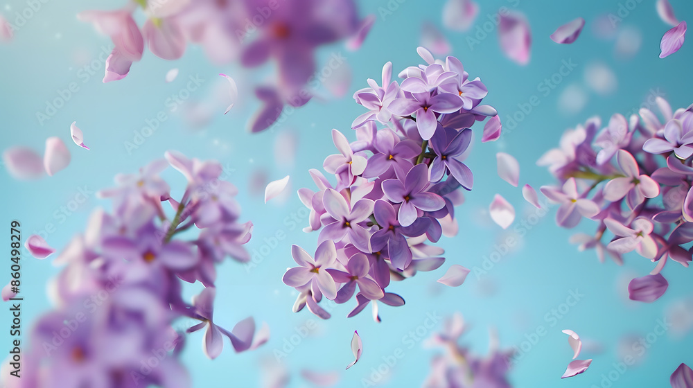 Poster Fresh lilac blossom beautiful purple flowers falling in the air isolated on blue  background Zero gravity or levitation spring flowers conception high resolution image : Generative AI