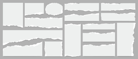 Set of white torn or ripped paper strip, sticky note and damaged newspaper cutout for social media. Ripped business banner. Torn scrap note with paint brush stroke texture. Vector ornament decoration.