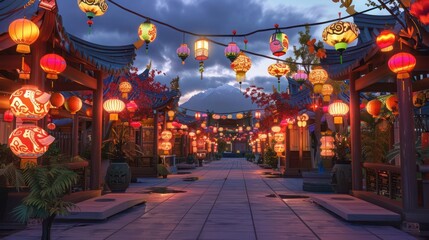 A beautifully decorated area with traditional lanterns and cultural symbols from various heritages, celebrating Friendship Day.