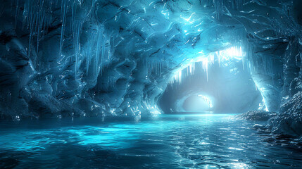 Beautiful natural cave view, water reflection and light at the background indicates of exit 