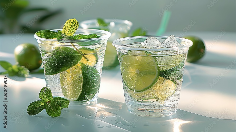 Poster two small and shot clear plastic cups with soda inside, lime and mint leaf inside of the cup, the sh