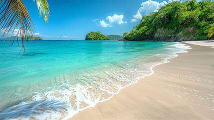 Fototapeta premium Caribbean white sand beach landscape with mountains and palm trees and clean ocean water, beautiful holiday background 