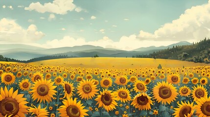 Obraz premium Sunflower Field with Mountain View.