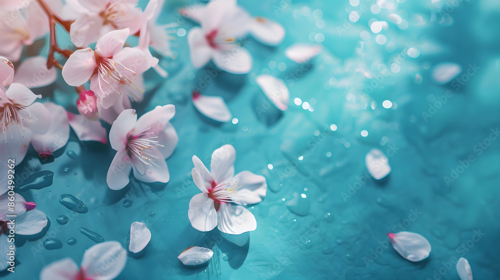 Poster beautiful spring nature background with lovely blossom petal and bokeh on turquoise blue background 