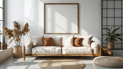 interior design of modern living room with beige fabric sofa and cushions. White wall with frame and space for text, living, furniture