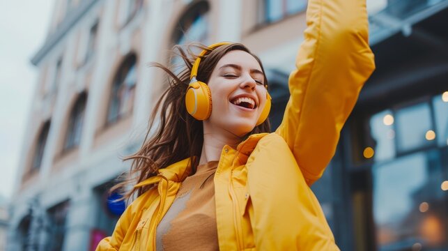 Joyful young women in wireless headphones and enjoy music, having fun, listening to music, raising his arm, dancing to favorite song, enjoying cool soundtrack, happy life