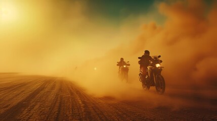 Naklejka premium Motorcyclists Ride Through a Desert Dust Storm