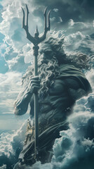 A hyper realistic image of Poseidon holding a trident. Background is clouds that look like water 