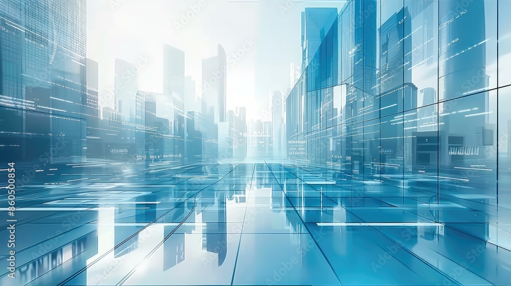 Poster blue lines and abstract curves in the foreground, a futuristic cityscape, glass buildings and skyscr