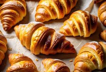 golden croissants freshly baked parchment paper close view, breakfast, brunch, buttery, crispy, crust, crusty, delicious, delightful, delectable, dessert