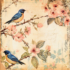 vintage plants paper with birds design grunge. scrap booking backgrounds, wallpapers with birds and flowers.  vintage frame card design with copy space.