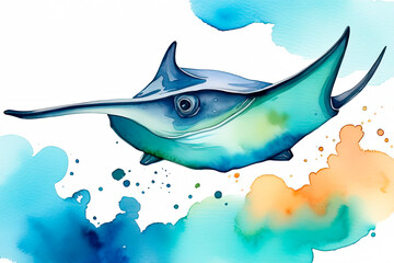 Huge stingray hand-painted in watercolor on white background with spots and splashes of watercolor paint. Sea life illustration