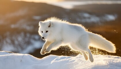 Naklejka premium Arctic foxes are small, adorable animals and have natural adaptations protecting them from predators and frigid temperatures. They are burrow dwellers that occupy elaborate dens.