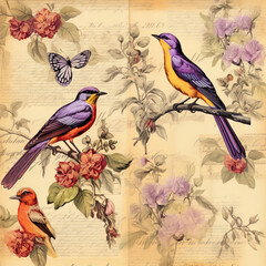 vintage plants paper with birds design grunge. scrap booking backgrounds, wallpapers with birds and flowers.  vintage frame card design with copy space.